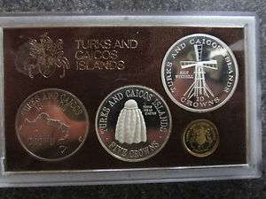 1976 Turks and Caicos Four Coin Crowns Proof Set Gold Silver w/ COA 