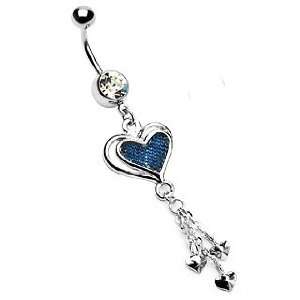 316L Gemmed Belly Ring with Denim Heart Dangle with Three Mini Hearts 