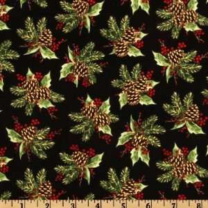  44 Wide Mistletoe Pinecones Black Fabric By The Yard 