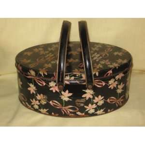 : Vintage Double Handled  Black w/ Pink & White Flowers  Sewing Tin 