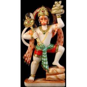 Shri Hanuman Carrying Sanjeevani Mountain   White Marble Sculpture 