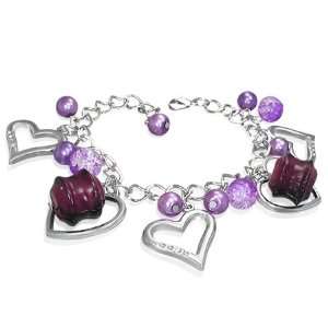 Fashion Glass Beads CZ Hearts Charm Link Purple Violet Womens Bracelet