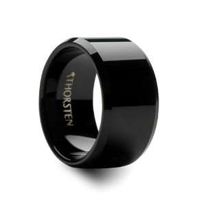 SEATTLE 12mm Black Tungsten Carbide Wedding Band with Bevels   FREE 