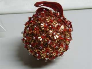 Vintage Fancy 60s Red Gold Sequin Beaded Pin Art Ribbon Bulb Ornament 