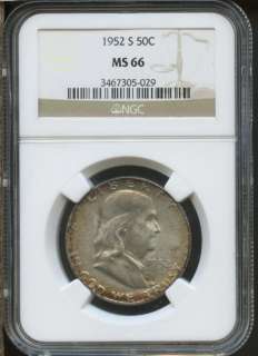 1952 S NGC MS66 Ben Franklin Silver Half Dollar   a150  
