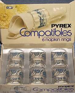   , Pyrex (6) Six OLD TOWN BLUE GLASS Napkin Rings, Blue Onion Design