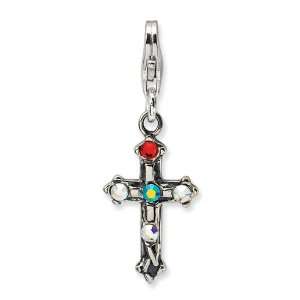  Sterling Silver Crystal Antiqued Cross w/Lobster Clasp 