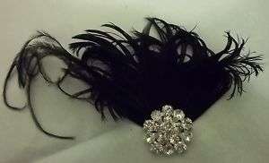 Black Swan Feather Bridal Fascinator Large Crystal Rhinestone Jeweled 