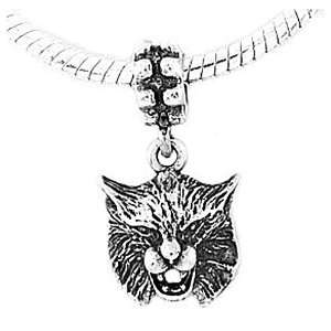  Sterling Silver Bobcat Head Dangle Bead Charm: Jewelry