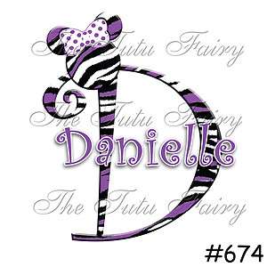 Purple Minnie Mouse head Zebra Monogram name initial personalized 