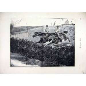  1874 Steeplechasing Horse Jumping Fence Ditch Old Print 