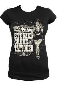 Steady Stewed Crude & Tattooed Womens T Shirt Rockabilly Retro Pin 