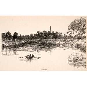  1925 Wood Engraving Bredon River Avon Canoe Row Art 