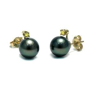Black Tahitian Pearl and Yellow Diamond Stud Earrings 9.0 10.0mm   14K 