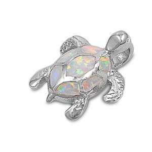   Silver & White Opal Swimming Kemps Ridley Sea Turtle Pendant: Jewelry