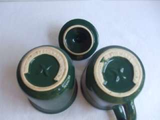  Dark Green Stoneware Lidded Sugar Bowl and Creamer. Lidded sugar 