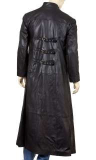 Mens Leather Goth Full Length Coat with Three Buckles and Open Front 