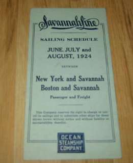 Old 1924 SAVANNAH LINE Ocean Steamship Co. Schedule  