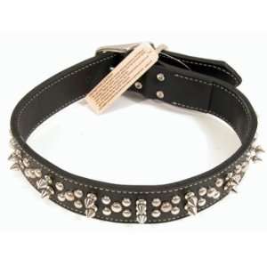   Black Leather Double Spiked Collar (Size:26): Pet Supplies