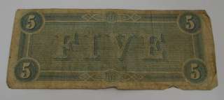 1864 CIVIL WAR Confederate States $5 Five Dollar Note Plate E  