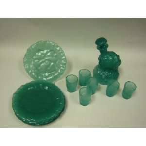  Catalonian Consolidated Art Glass Set. Jade Green Jug 