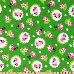  44 Wide Lucky Lady Bugs Flannel Green Fabric By The Yard 
