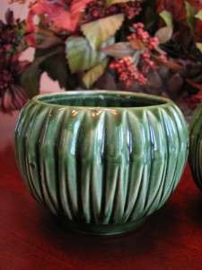 Vintage USA Pottery 2 Green Planters/Vases 4 Tall NICE  