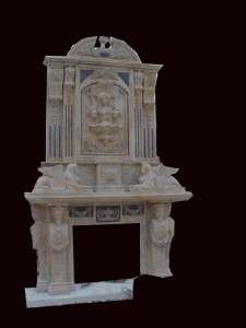 MONUMENTAL HAND CARVED MARBLE CASTLE FIREPLACE MANTEL  
