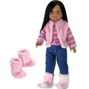 Outfit 4 Pc. Set Pink Fur Doll Vest, Shirt, Doll Jeans, and Doll Fur 