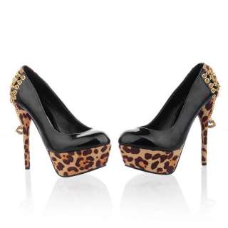 Black Red Leopard Patent Platform Pumps High Heels Women Shoes UK Size 