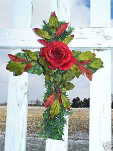Grave Cross on Stand Silk Red Rose Silk Greens Christmas Memorial 