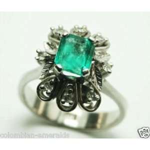  Colombian Emerald & Diamond Ring 18k White Gold 1 Ct 