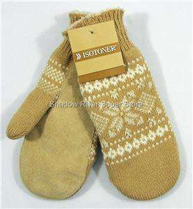 New Womens ISOTONER Knit Mittens Suede Camel Snowflake  