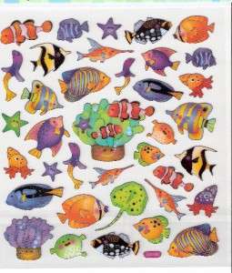 Fish Clown Puffer Crab Angel stickers silver outline  