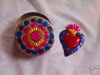 Mexican Painted Tin Valentines Box & Sacred Heart Milagro  