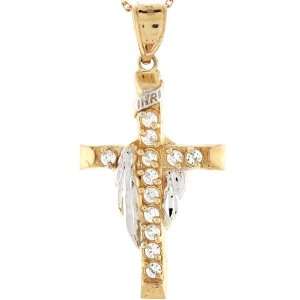 14k Two Tone Gold Diamond Cut Shroud Cross Religious Christian CZ 
