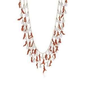   4mm Pearl and Coral Multi Strand Necklace In Vermeil. 18 Jewelry