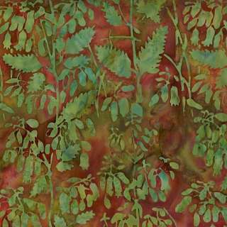 Woodland Plants Cotton Batik Fabric in Green and Rust  