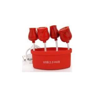  Romantic Rose USB 2.0 4 Port Ultra Mini Hub, Red Base 