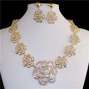 Elegant Rose Flower Necklace Earring Set Clear Swarovski Crystal 