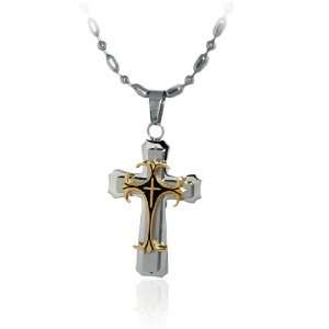   Two Tone 3D Cross Pendant Beaded Chain Necklace Jewellery: Jewelry