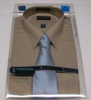   Stafford Mens Shirt/Tie Gift Box Set Khaki Dress Shirt Patterned Tie