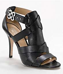   Black Leather Strappy Open Toe Sandals Shoes Heels Pumps NIB  