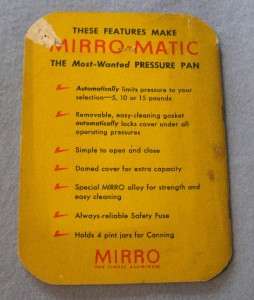 1947 Mirro Matic Pressure Pan Directions Recipes  