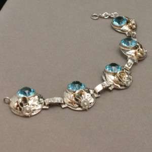 Hobe Bracelet Vintage Sterling Silver Aquamarine Glass Stones  