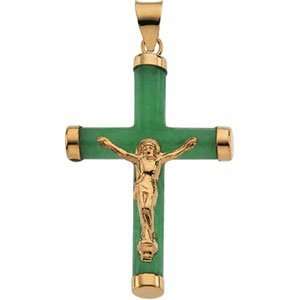  33X23 14K Yellow Gold Green Jade Round Crucifix Jewelry