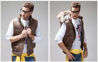 New Mens Fashion PU material real fur collar Down Jacket Winter Vest 