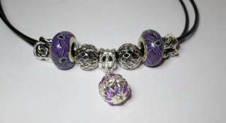 Authentic Pandora Black Leather Lariat Purple Passionw/7 Beads 