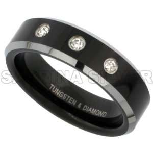 Tungsten Carbide 6 mm Diamond Wedding Band Ring 3 Stone for Her 0.11 