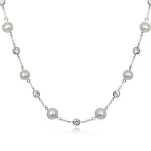  ROUND FRESHWATER PEARL AND WHITE CZ NECKLACE 36 CHELINE 